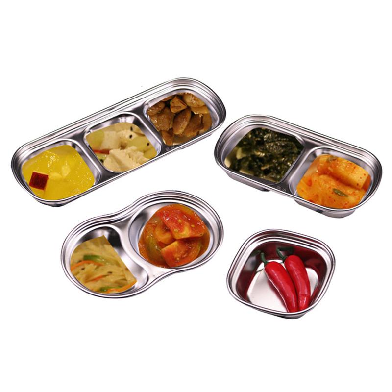 2PCS Stainless Steel Dip Dish Condiment Plate Sub-Grid Flavored Sauce Vinegar Bowl Compartment Seasoning Dipping Plates (3-Grid)