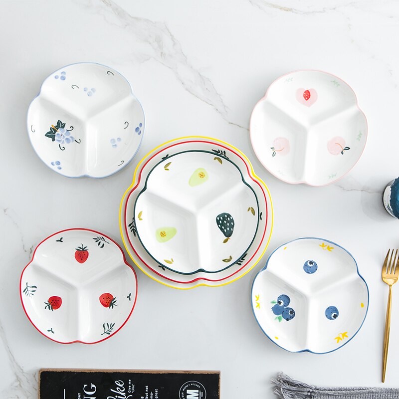 （9 inch Ceramic Three-divided Plate Fruit Bowl Snack Tray Porcelain Plates Candy Dish