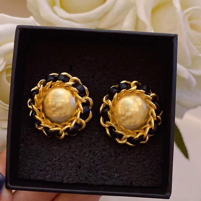 Japan Vintage Round Stone Big Stud Earrings For Women Temperament Simulated Pearl Brinco