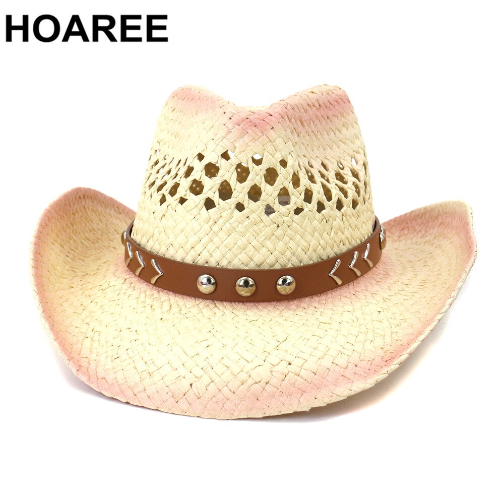Hoaree cowboy chapéus estilo ocidental verão chapéu de palha artesanal tricô aba larga panamá rosa roxo preto cáqui chapéu de sol