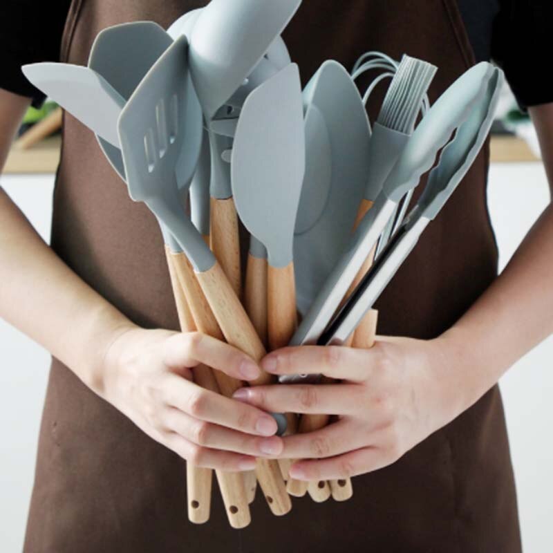 Wooden Handle Silicone Kitchenware Set Non-stick Cookware Cooking Spoon Frying Spatula Colander Kitchen Accessories Baking Tools