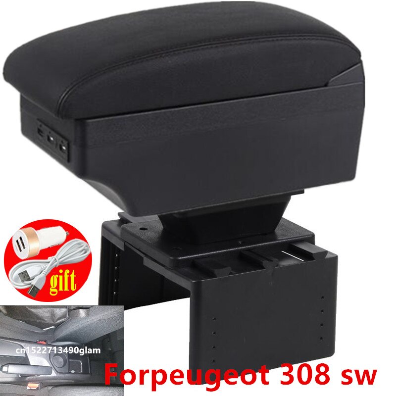 Pour peugeot 308 sw boîte d'accoudoir pour peugeot 308 boîte de rangement centrale voiture accessoires intérieur avec LED USB