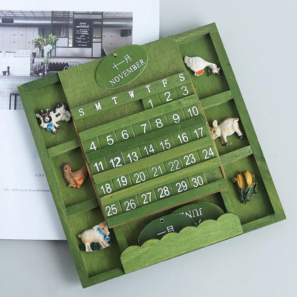 årgang kalender 1 sett håndlaget tre hjem dekorasjon hengende vegg diy søte dyr tre evig veggkalender