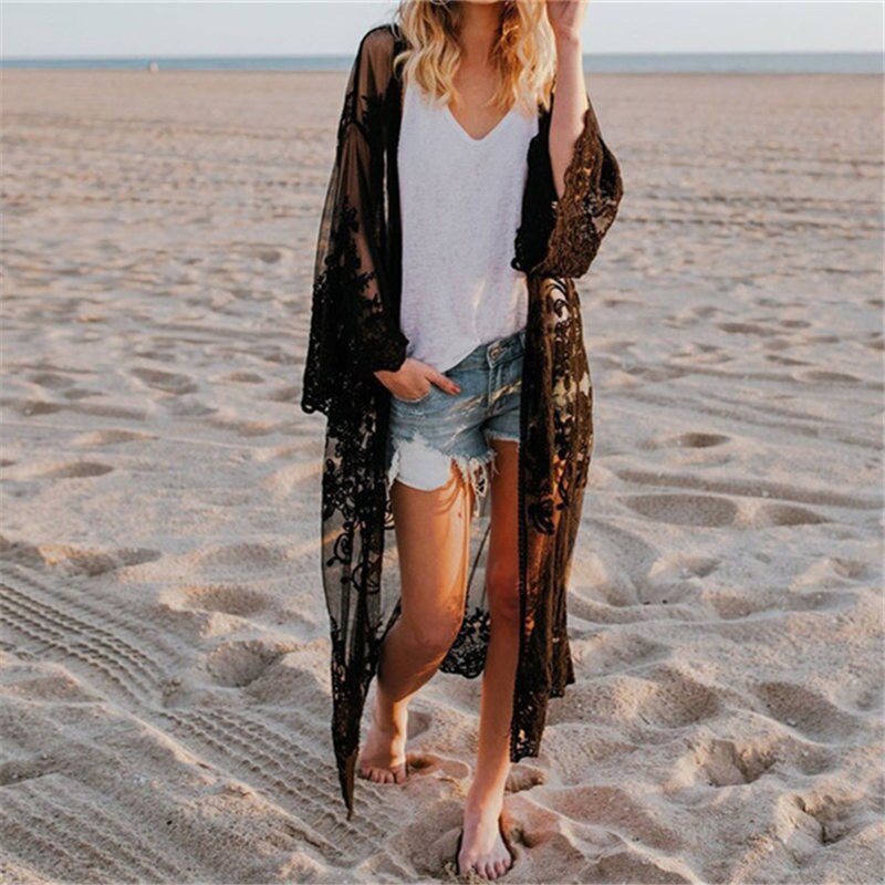 Vestido playero de encaje para mujer, Pareo playero, Túnica de Pareo para Playa, Kimono, traje de baño de encaje para mujer # Q767: 649 Black