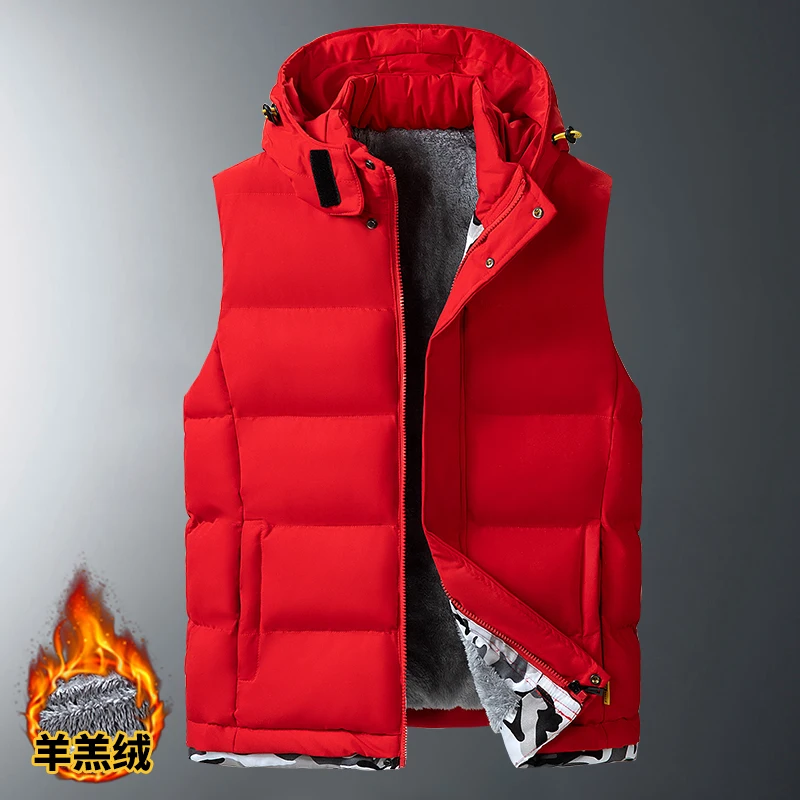 Chalecos juveniles con capucha cálidos y desmontables de otoño e invierno para hombre, chalecos a prueba de viento, chalecos de gran tamaño de M-8XL, chaleco de piel de cordero