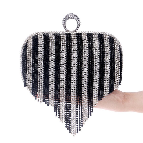 Women Bag Rhinestone Shiny Fringed Clutch Bag Handbag Night Party Purse Evening Party Wedding Handbag Shoulder Bag Bridal: black white 1