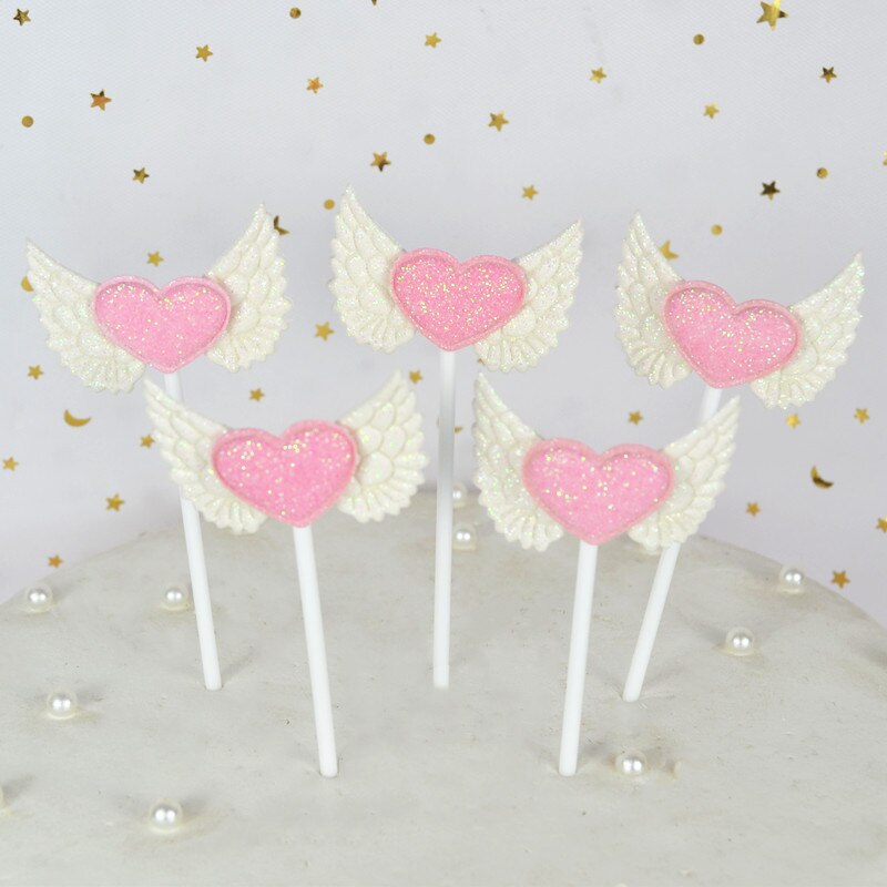 Alas de Ángel Topper de la torta de Magdalena DIY superior banderas pastel inserción decoraciones para el Día de San Valentín boda cumpleaños de accesorios: 5pcs heart white