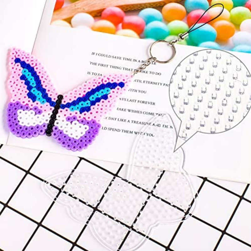 Fuse Beads Pegboards Set 3 Large and 9 Small pegboard with 12 Colorful Cards 12 Keychains 12 Key Hang Ropes for Kids DIY Craft