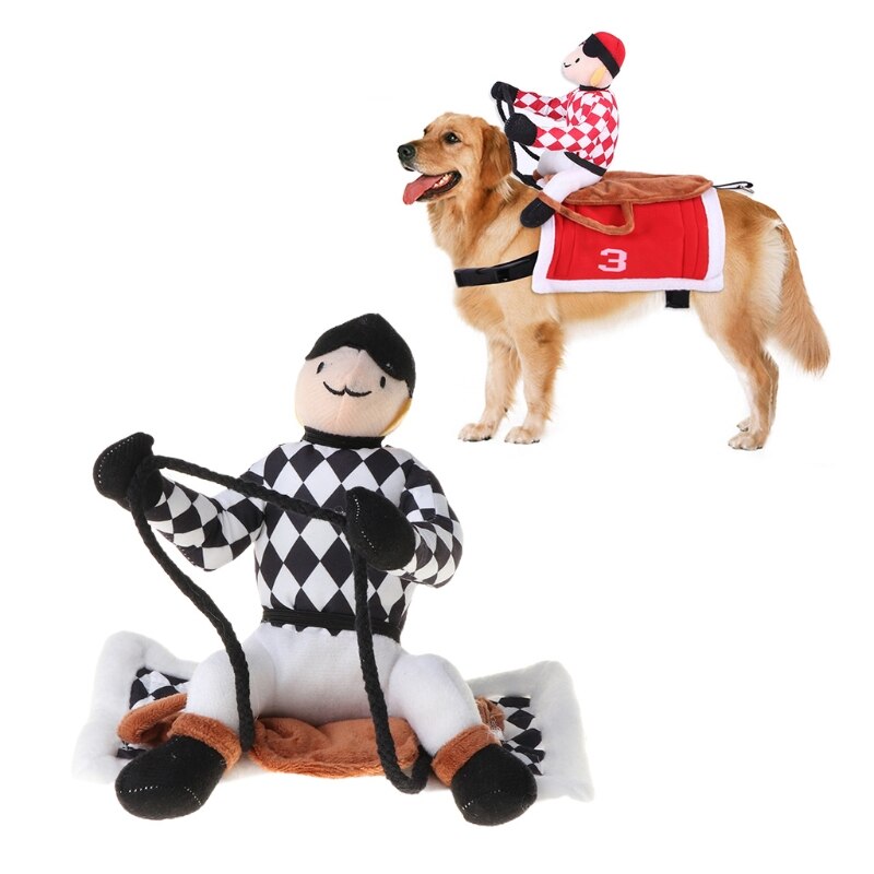 Funny Pet Riding Horse Costume Dog Rider Clothes Halloween Chrismas Cute Suit W0YC