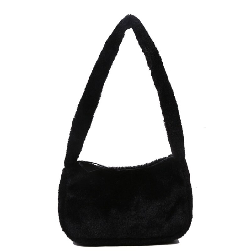 Mulheres de pelúcia ombro underarm saco macio outono inverno moda fofo feminino compras tote cor sólida casual zíper fuzzy bolsa: Black