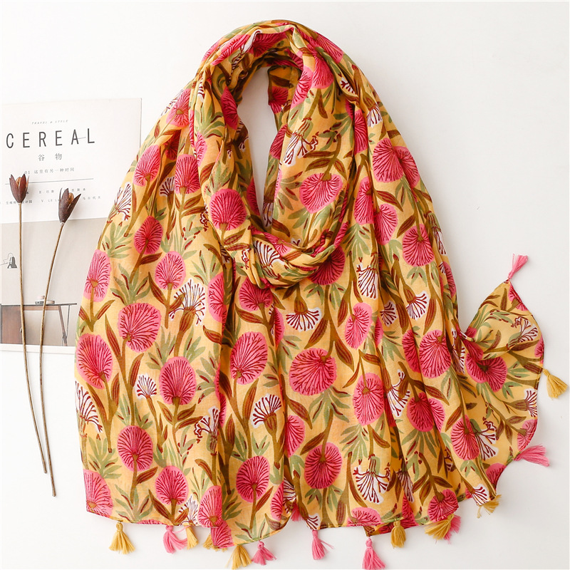 Bufanda de viscosa con borlas florales para mujer, chales y chales, Hijab, banda para el cabello femenina, pañuelo musulmán de lujo, pañuelos Echarpe de 180x90Cm: Amarillo limón