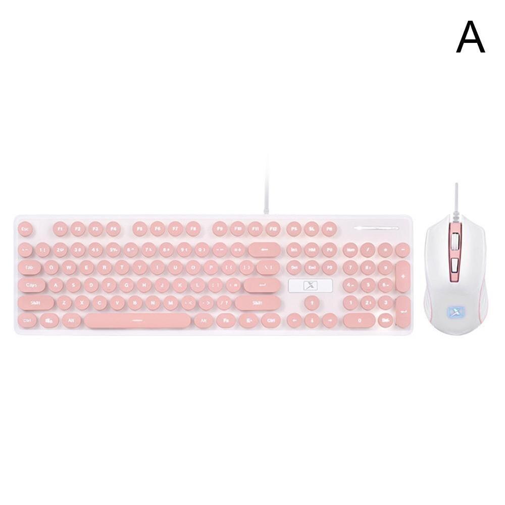 Pink Retro Wired Gaming Keyboard and Mouse Kit Round Laptop For PC Button Keyboard Mouse Steampunk Keycap 1800DPI Multimedi E0E8: Pink