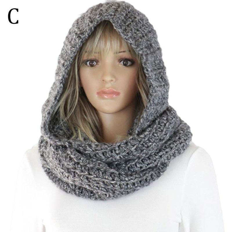 Winter Knitted Scarf For Ladies Keeping Warm Solid Shawl Wraps Hat Scarf Dual Purpose Cape: C