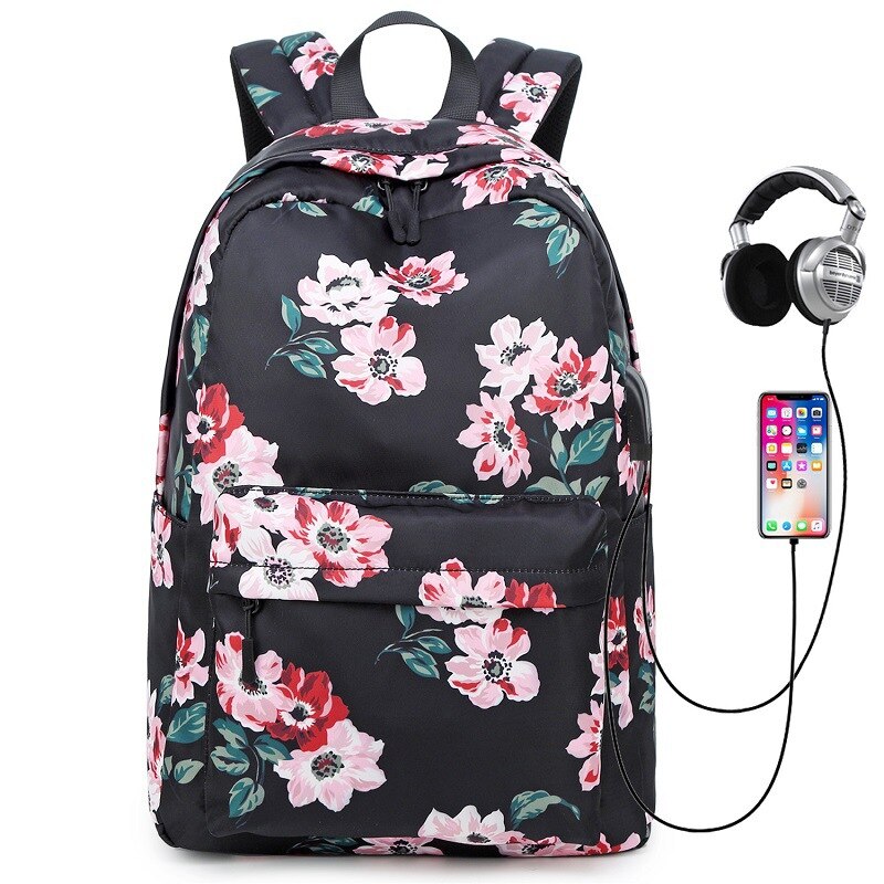 Tieners School Rugzak Set Meisjes Vrouwen Schooltassen Lichtgewicht Waterdichte Nylon Reizen Bloemen Kids Bookbags Casual Dagrugzak: S968 black 1 piece