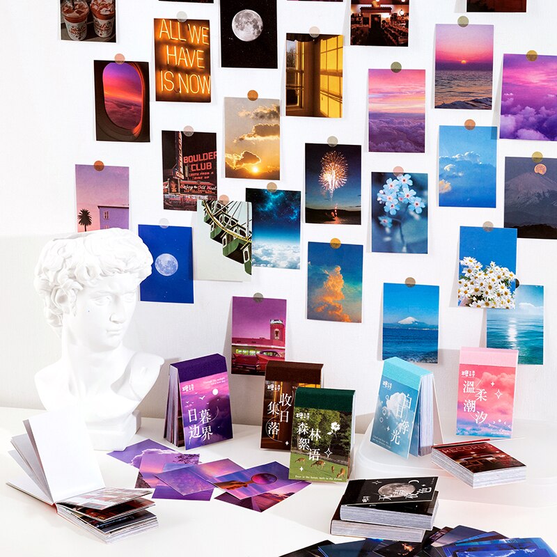 Mini pegatina de paisaje estético, pegatinas de papel con revestimiento para decoración de diario artístico, suministros de papelería Kawaii, 50 Uds.