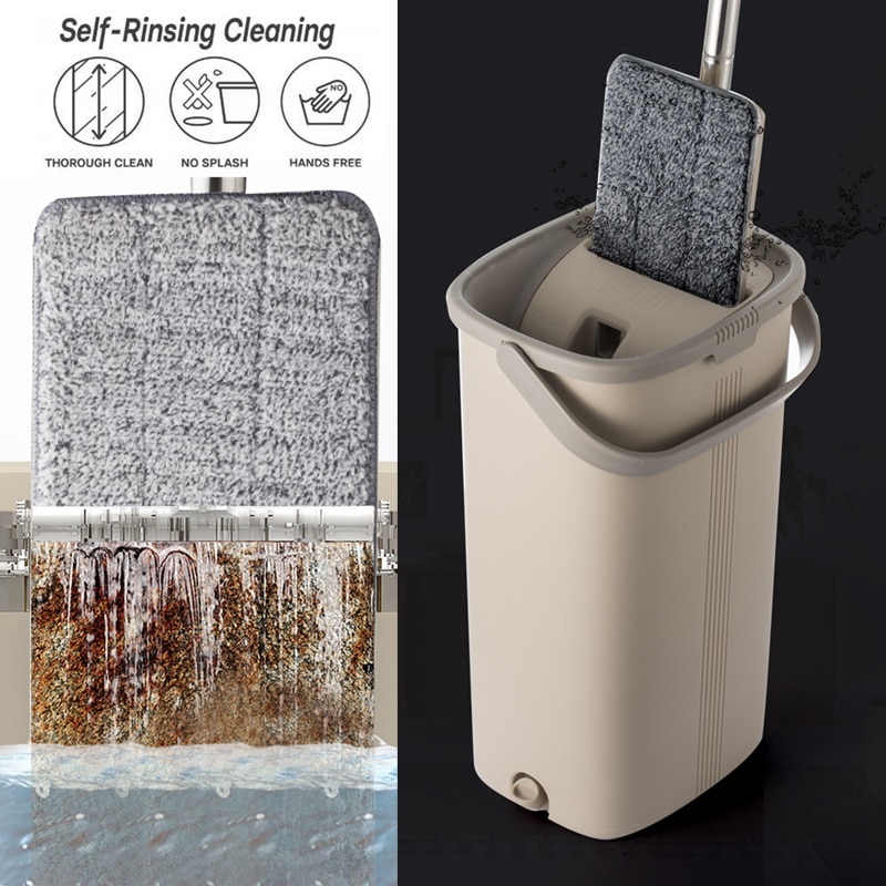 Cubo de fregona plano exprimible Manos libres con mango de acero inoxidable cabezal giratorio de limpieza de suelo en seco húmedo 360 con almohadillas de fregona reutilizables