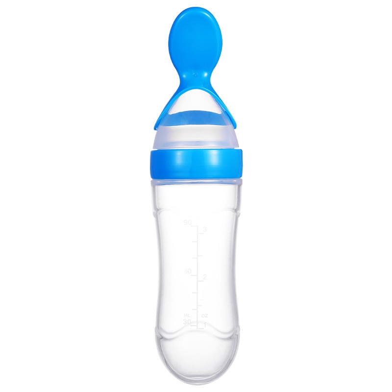 90ml cuillères à presser pour bébé, biberon en silicone, cuillère d'entraînement, céréales pour nourrissons, complément alimentaire, vaisselle sûre: Bleu