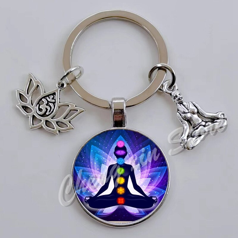 Indian Buddha Meditatie 7 Chakra Mandala Psychedelische Yoga Glas Cabochon Sleutelhanger Ornament