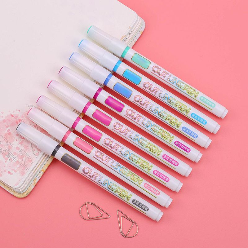 8 Colors Double Line Outline Pen Glitter Fluoresce... – Grandado