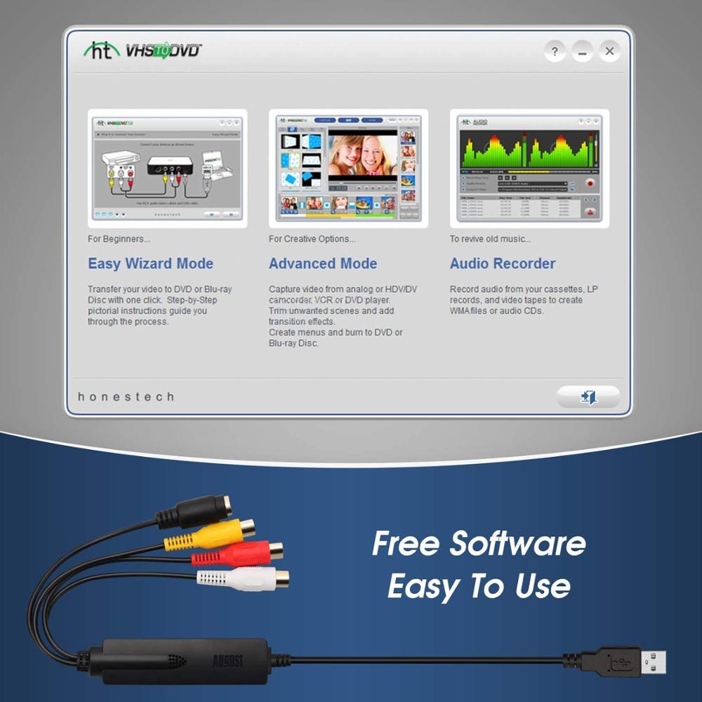 August VGB350 VHS a DVD Digital Capturadora Video y Audio USB 2.0 Convertidor/Grabadora De Captura Digitalizadora de Vídeo DVD USB para PC Windows Mac, Adaptador SCART &amp; Edite Video