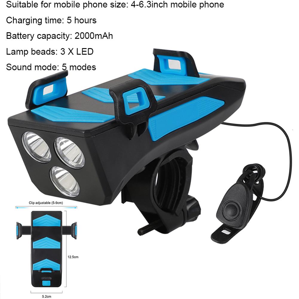 Multifunctionele 4 In 1 Fiets Licht 400 Lumen Fiets Zaklamp Fiets Hoorn Telefoon Houder Power Bank Fiets Front Light: Blue 2000mAh