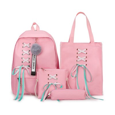 4 teile/satz Band Kette Bowknot Brief Mochila Leinwand Rucksack Reise Rucksäcke Freizeit Rucksäcke Für Teenager Mädchen Schule Bagpack: 4pcs pink set