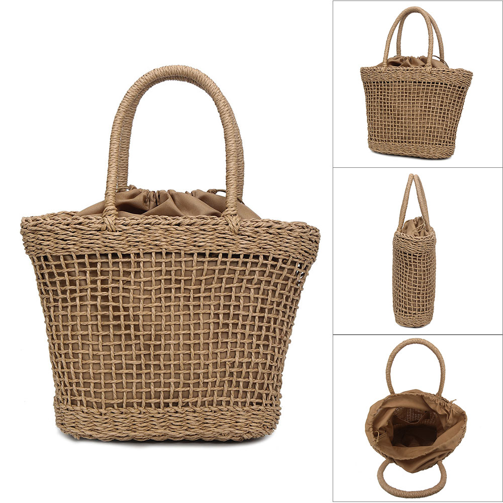Women Hollow Retro Handbag Straw Woven Tote Large Capacity Summer Beach Shoulder Bag Party Shopping