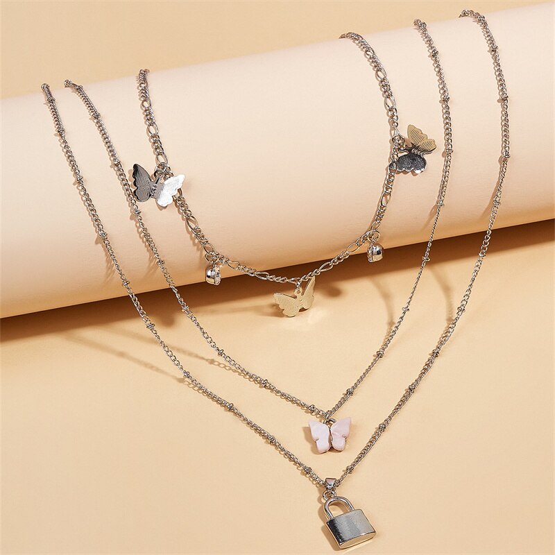 Collana multistrato con frange alla moda donna farfalla catena clavicola piccola serratura pendente collares gargantilla mujer