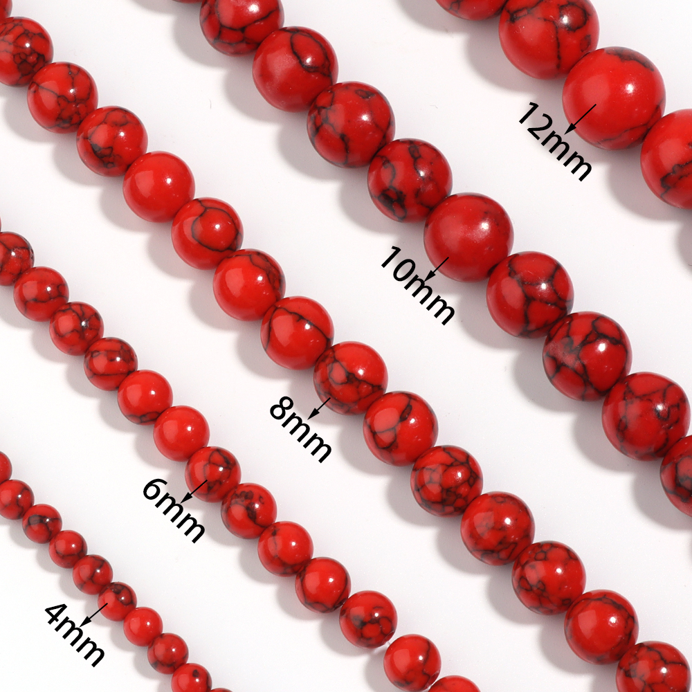 Perles Rondes en Pierre Turquoise Naturelle Rouge, Couleur Noire, 4, 6, 8, 10, 12mm, pour Bricolage, Bracelet, Collier, Bijoux
