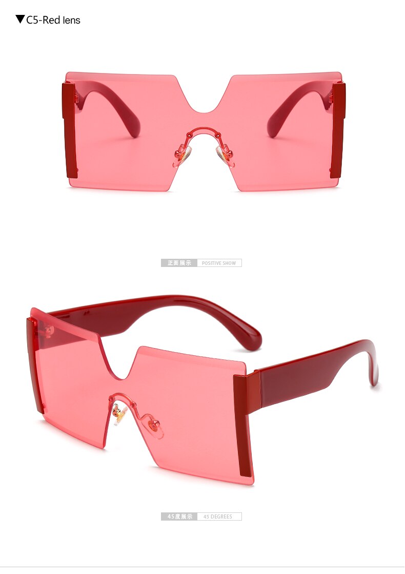 Oversized Square Rimless Sunglasses Women Brand Flat top Big Sun Glasses Female One Piece Travel Gafa de sol 6931: C5 red lens