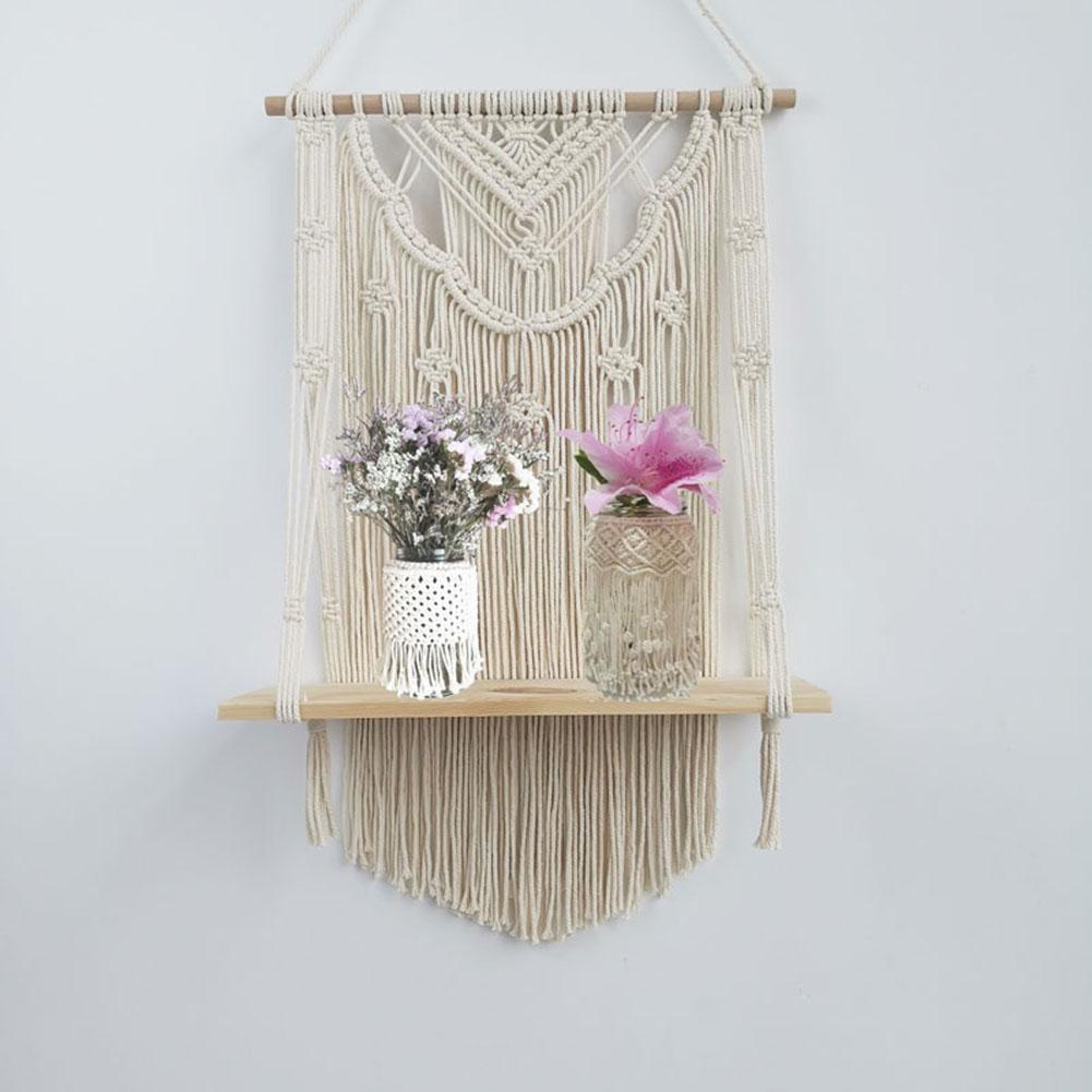 Maceta colgante de macramé para pared, hecha a mano, con borlas, estante de madera, tapiz, decoración para dormitorio y apartamento
