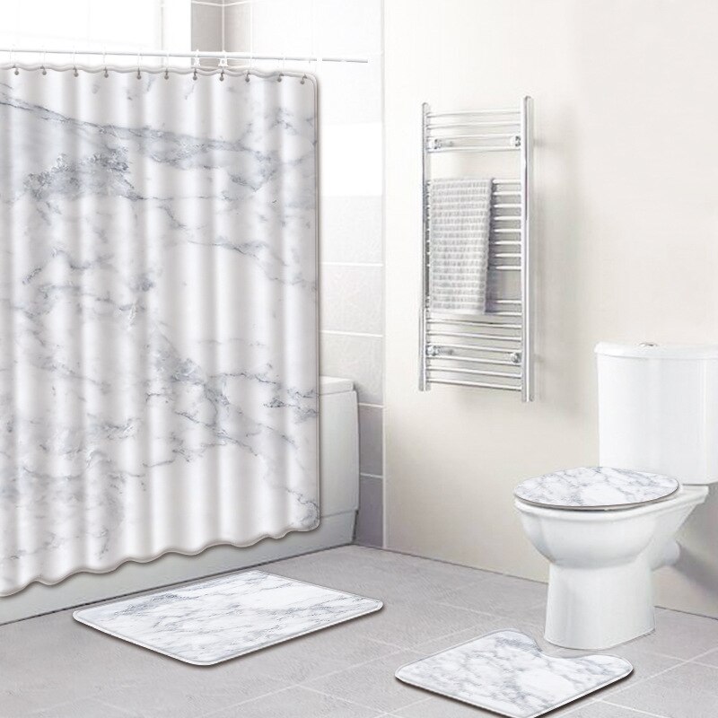 Bathroom Non-Slip Pedestal Rug Lid Toilet Cover Bath Mat Shower Curtain Waterproof Polyester Bathroom Curtain Decor Bath Mat