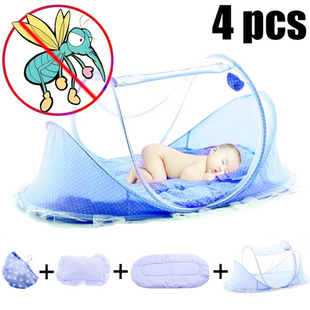 Neue Tragbare Faltbare Baby Bett Moskito Netz Polyester Neugeborenen Schlaf Bett Reise Bett Netz Spielen Zelt freundlicher tragbare Baby bett: 4Stck einstellen Blau