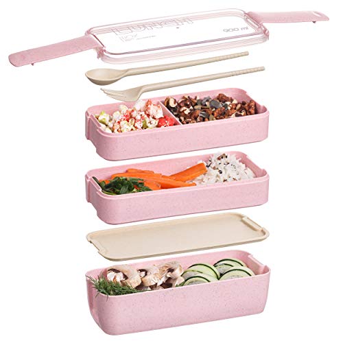 Health Material 3 Layers Lunch Box Microwavable Japanese Bento Food Container Eco-Friendly Wheat Straw 900ml Lunchbox: Pink