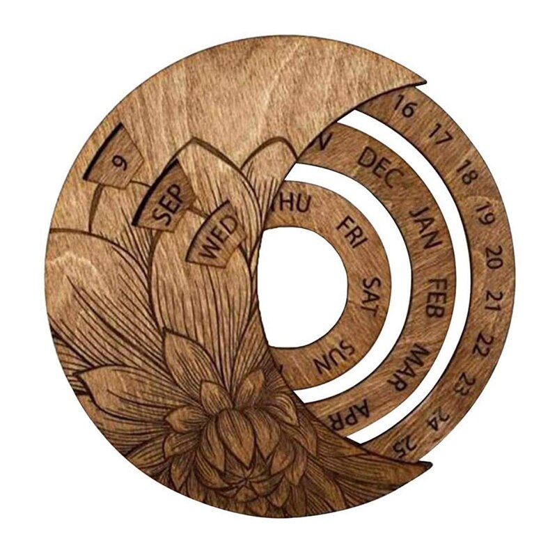 10Inch Wooden Wall Mounted Perpetual Calendar Circular Rotatable Moon Forever Calendar Wall Art for Home-Charcoal