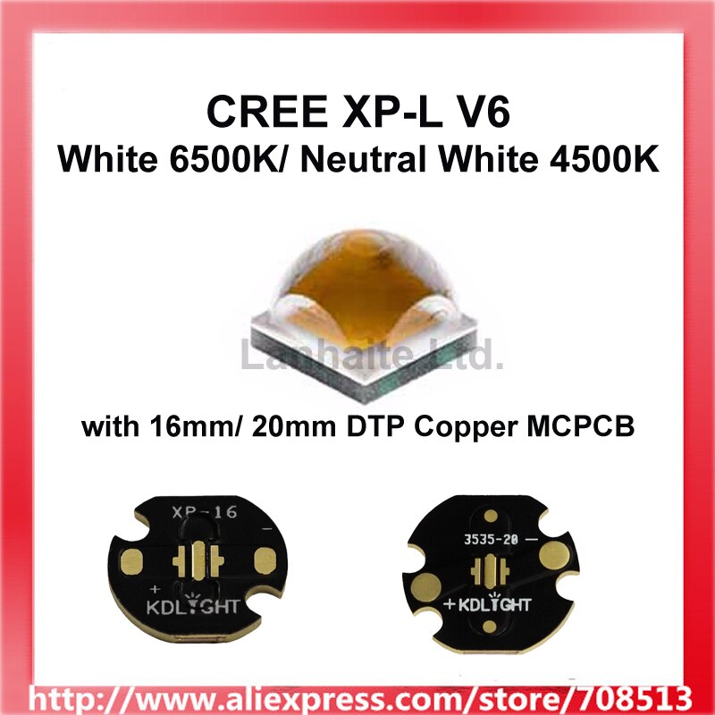 Cree XP-L V6 Neutraal Wit 4500K / 6500K Led Emitter Met 16 Mm/20 Mm Koperen Basis (1 Pc)