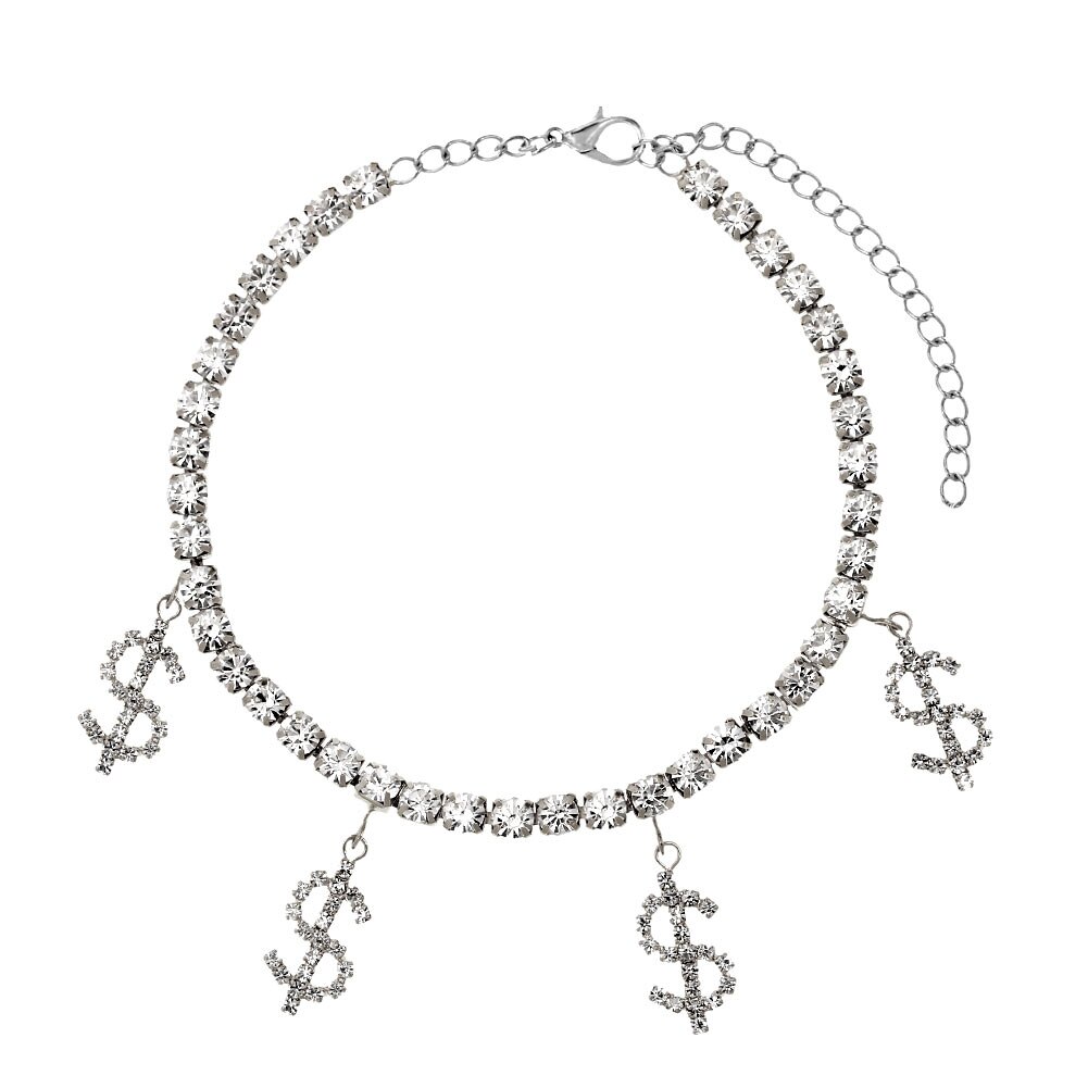 Bling Strass Neuheit Dollar Zeichen Anhänger Fußkettchen Frauen Gold Silber Farbe Kristall Tennis Kette Fußkettchen Strand Barfuß Schmuck: 004702SL