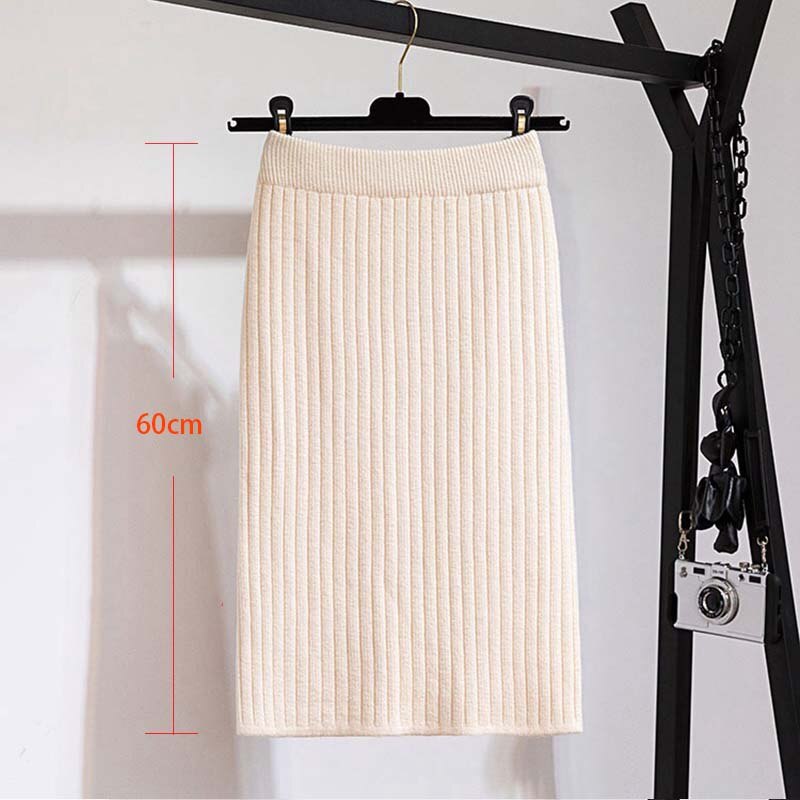 Faldas de mujer de banda elástica de 60-80CM, Falda recta de punto cálida de otoño e invierno, falda negra medio larga acanalada: 60cmbeige