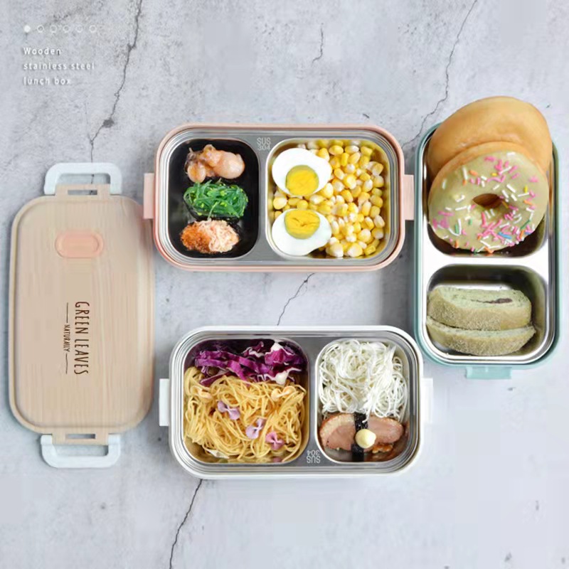 Wood Grain Lunch Box, Multi-layer Bento Box, Anti-scalding Student Heat Preservation Stainless Steel Office Worker Lunch Box