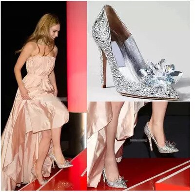 Zapatos de boda de cristal para mujer, zapatos de tacón con punta estrecha de Cenicienta, zapatos de tacón alto con diamantes de imitación, talla 10 11