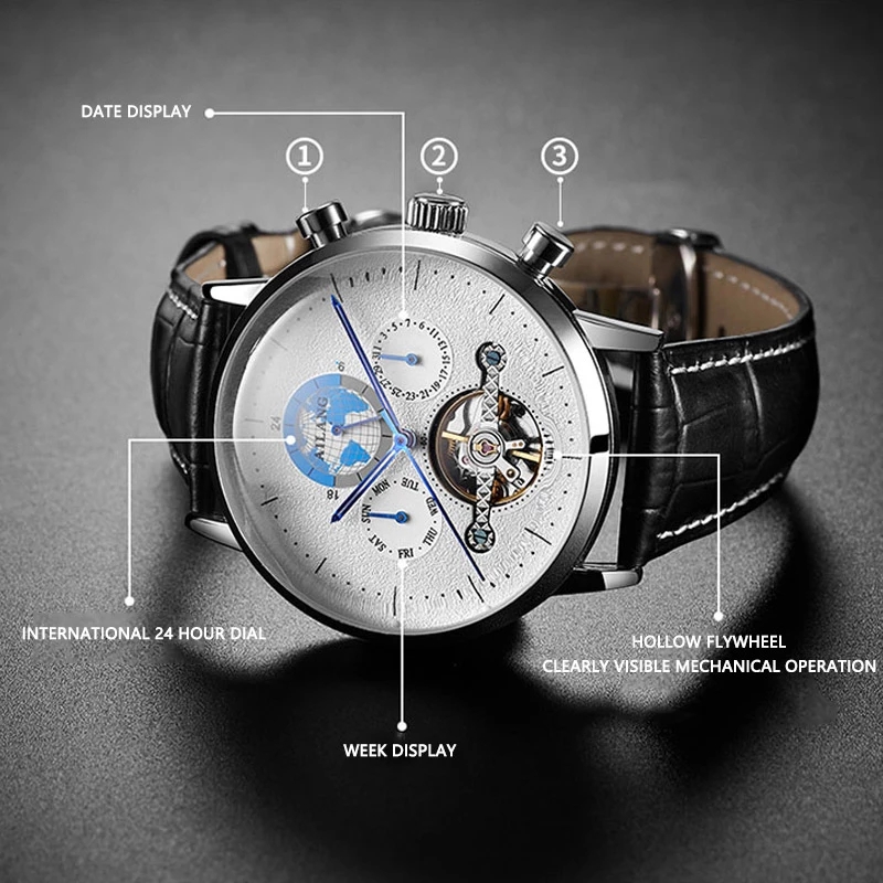 Ailang 2022 Mannen Business Tourbillon Automatische Mechanische Horloges Gradiënt Mannen Lederen Waterdichte Band 8613B