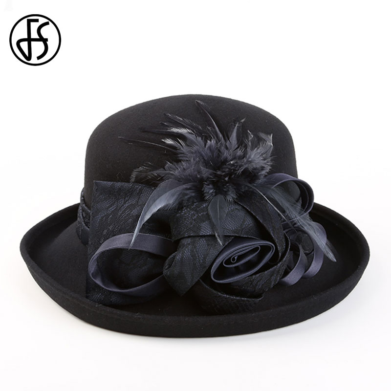 Fs vintage svart ull cloche hattar bred brättad fedora hatt för kvinnor blomma röd brun filt vinter bowlerkeps chapeau feutre femme