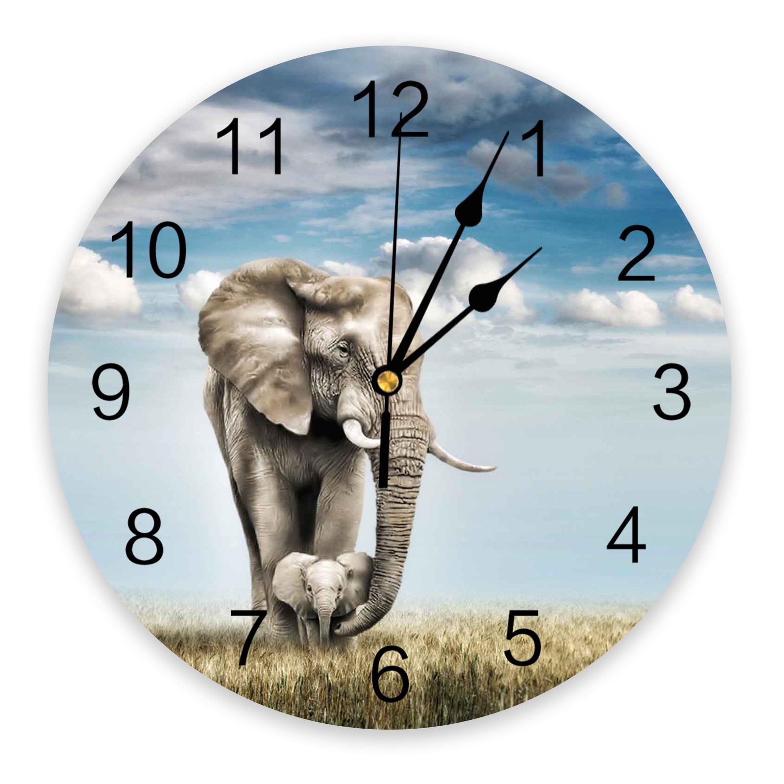 Animal Elephant Grassland Wall Clock Home Decor Bedroom Silent Oclock Watch Wall Digital Clock Wall Clock Modern: Default Title