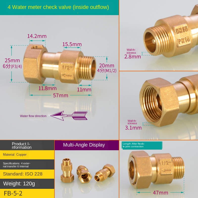 Copper 1/2IN Discrete Check Valve Spring Check Valve 3/4IN 1 Inch Thread Horizontal Check Valve: FB-5-2