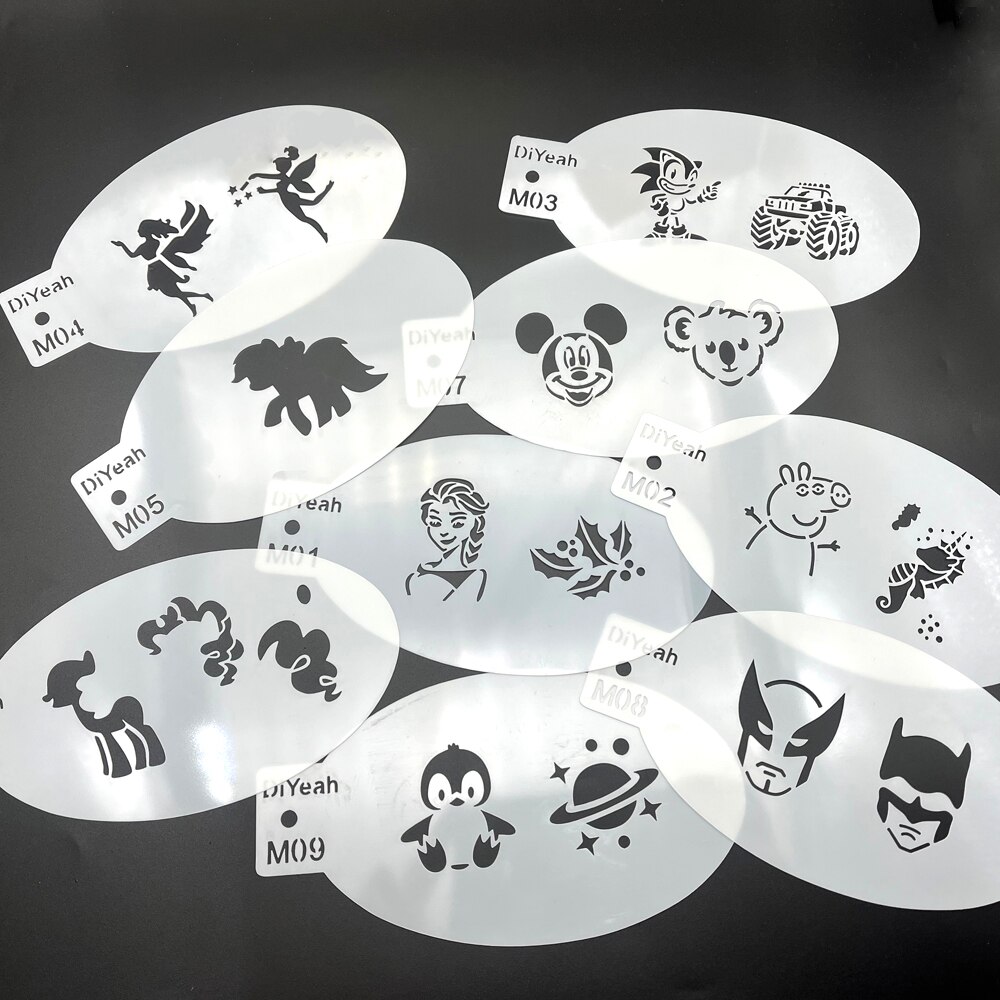 Plantillas para pintar cara y cuerpo, 9 piezas, corona de princesa de dibujos animados, natación, sirena, unicornio, cuerno, perro, maquillaje de Halloween, plantilla de arte, maquillaje