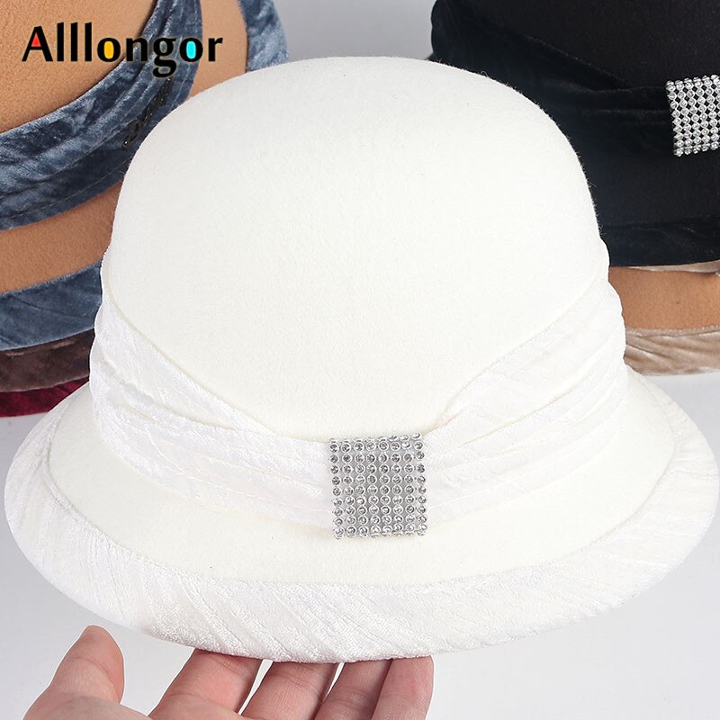 Red Bottom Fedora Hat Women French Autumn Winter Crystal Dome Cap Normal Wool Bowler Felt Hats Chapeau Femme Hiver: White
