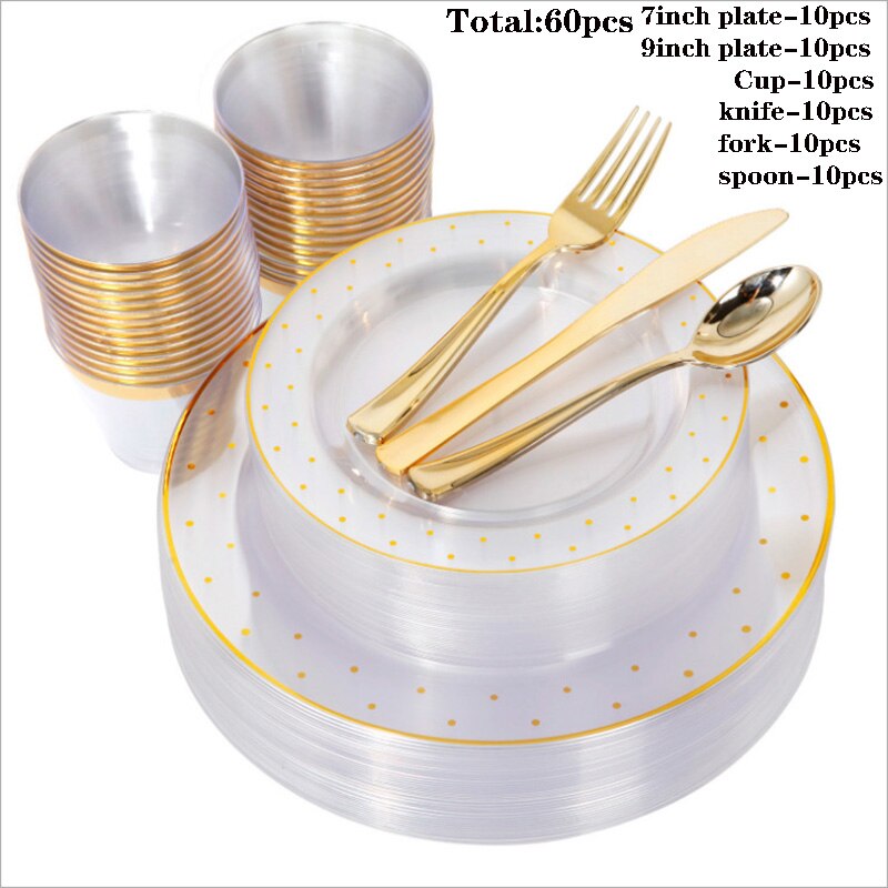 60 stuks/partij bronzing gouden stippen plastic wegwerp servies voor bruiloften, feestjes, plastic bordjes, bekers, gala-feestdecoraties: 60 stuks