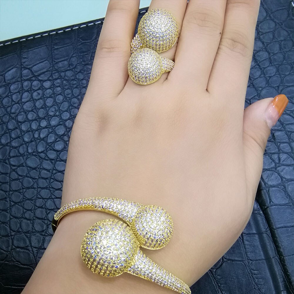 Godki 4 pçs disco bola charme conjuntos de jóias para o casamento feminino colar brinco pulseira anel cheio zircônia cúbica brinco conjunto de jóias: Gold Bangle Set