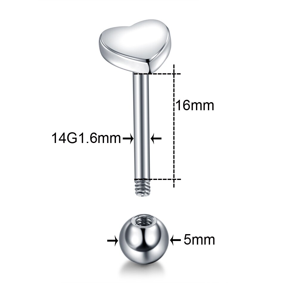 1Pc Hart Vormige Rvs Tong Barbell Piercing Tong Draad Studs Voor Unisex 14G Labret Lip Piercing Body sieraden