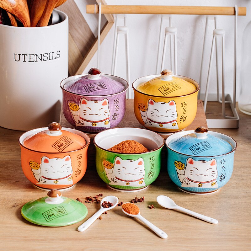Tanque de condimentos de cerámica con forma de gato de dibujos animados japoneses, cuchara de cerámica, salero, tarro de especias, accesorios de cocina, caja